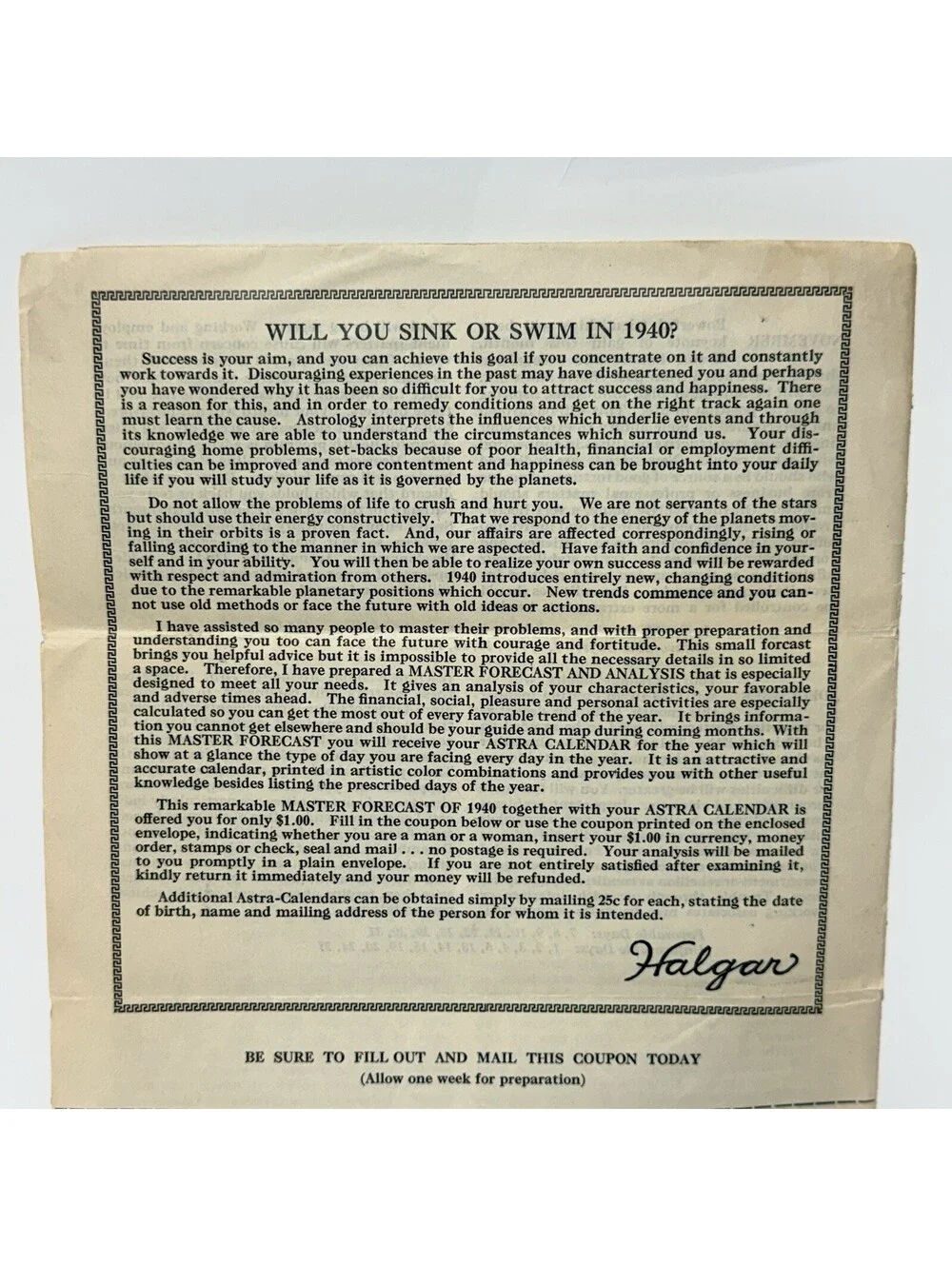 Vintage 1940 Halgar Sagittarius Forecast Horoscope Astrology Mail Order Paper